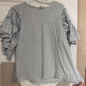 Anthropology- Blue and White striped Ruffle sleeve top